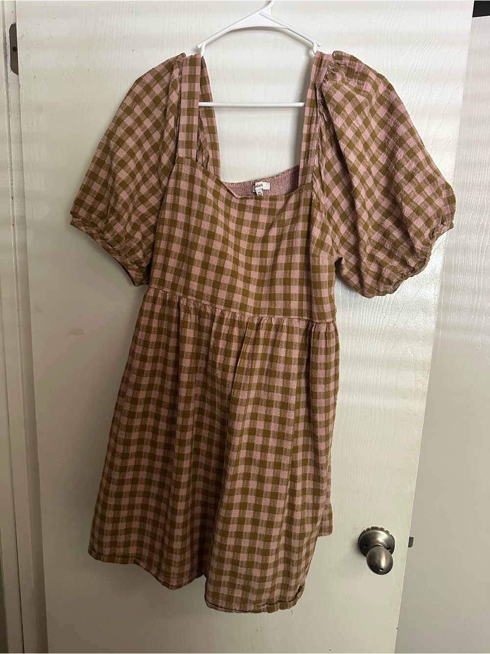 Madewell Pink and Olive Gingham Puff-Sleeve Dress